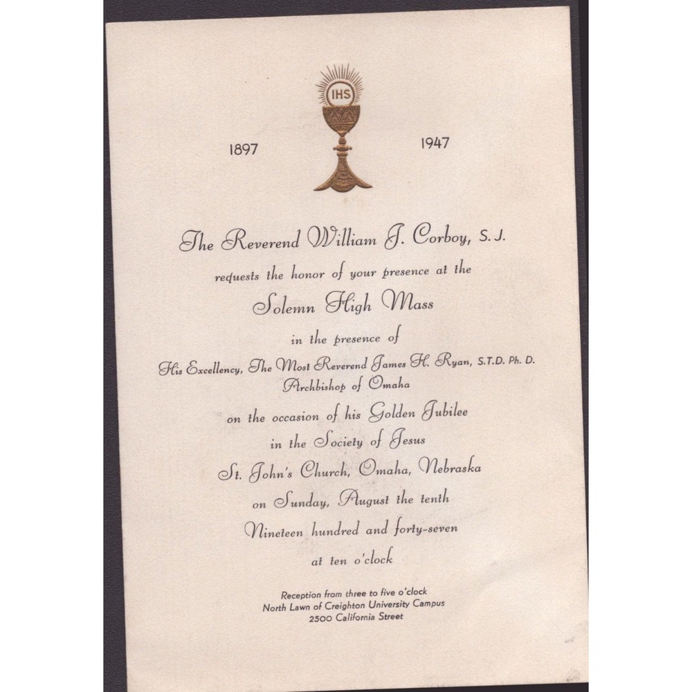 1947 Rev William Corboy Golden Jubilee Invitation St Johns Church Omaha Nebraska